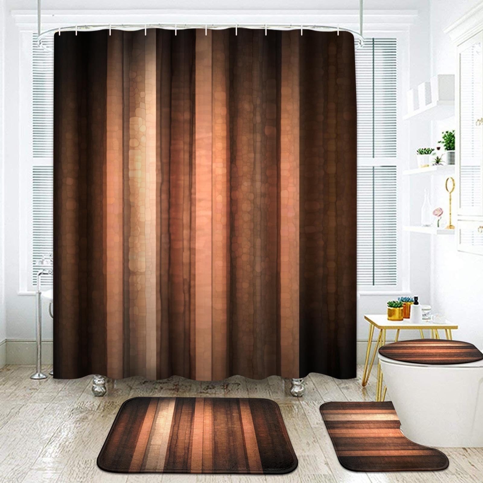 ArtSocket Orange Copper Pale Peach Bathroom Set with Shower Curtain and Rugs Accessories, Abstract Fall Warm Artistic Bright Retro Vintage Shower