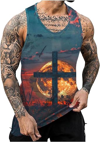 Men 3D Graphic Tank Tops Jesus Cross Print Tees Faith Christian Religious Shirt Muscle Workout Sleeveless T Shirt Vest