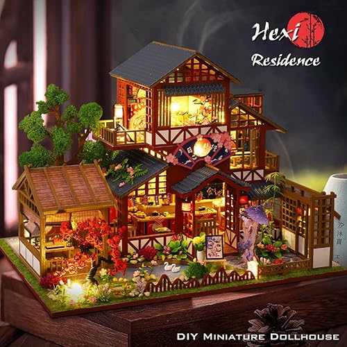 Miniatura 6 de Yuzhen Casa de muñecas en miniatura con muebles y luces LED mini restaurante de madera de estilo japonés incluye cubierta antipolvo y movimiento