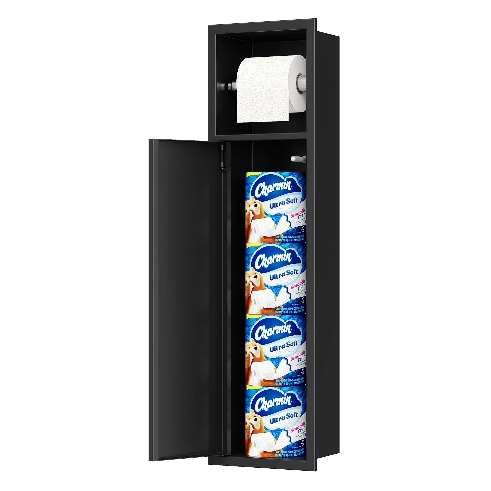Recessed Toilet Paper Holder, SUS304 Stainless Steel Rustproof Recessed Toilet Paper Holder with Storage Cabinet, in Wall Tissue Paper Holder for Bathroom, Matte Black, 4.7" Depth