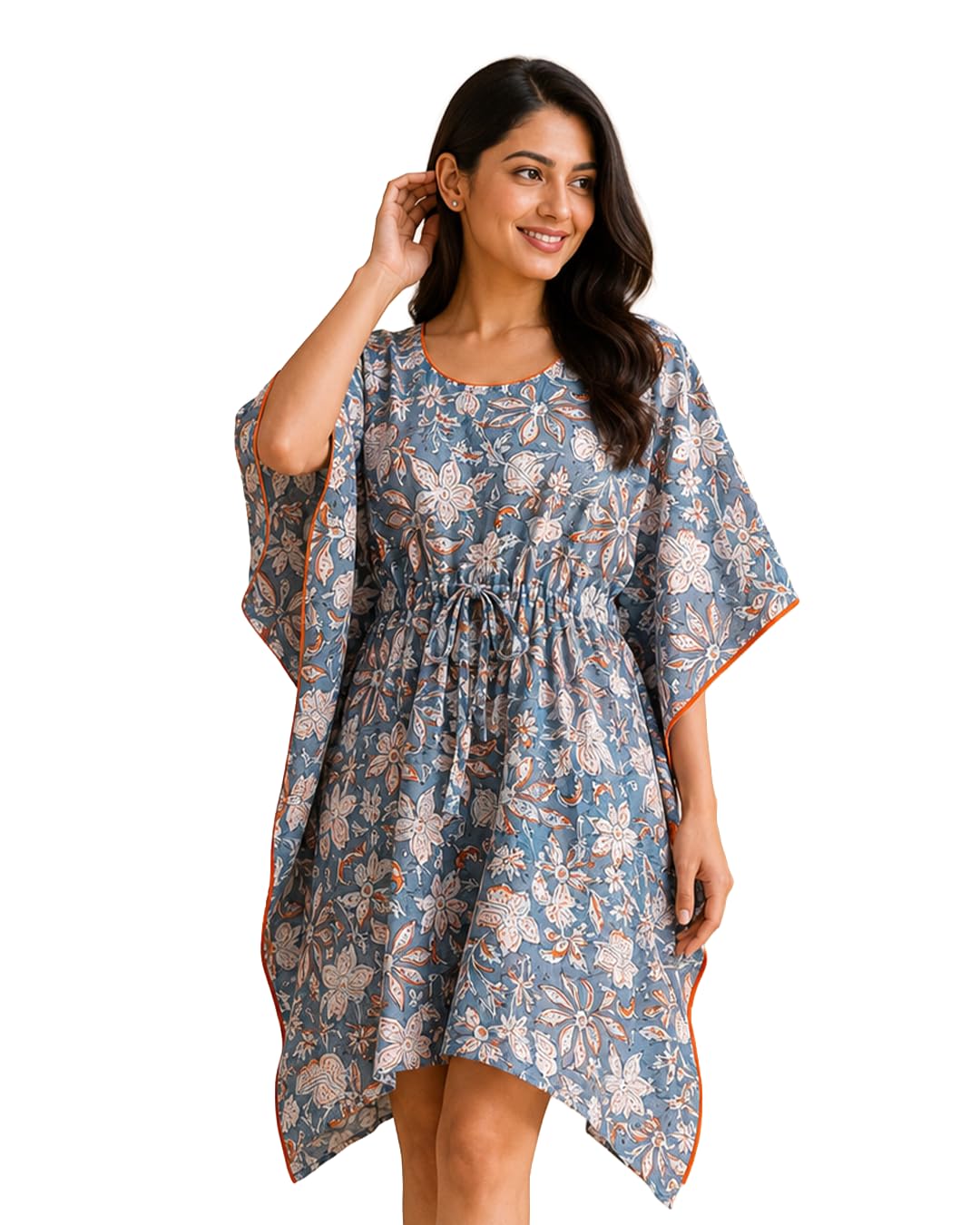 Steel Bloom Floral Cotton Kaftan Top for Women | Relaxed Fit Drawstring Tunic | Lightweight Floral Printed Cotton Lounge & Resort Wear by Yukti-image-47