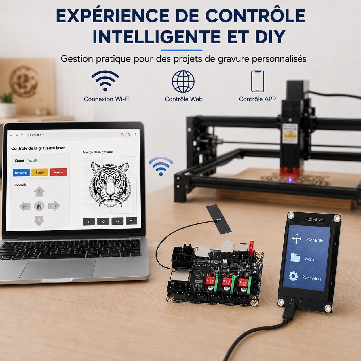 Carte Mère De Machine De Gravure, Carte de Contrôle D'imprimante 3D 12-24V DC MKS DLC32 V2.1 Contrôle Hors Ligne WiFi 32 Bits avec écran Tactile TS24-R V2.1 De 2,4 Pouces