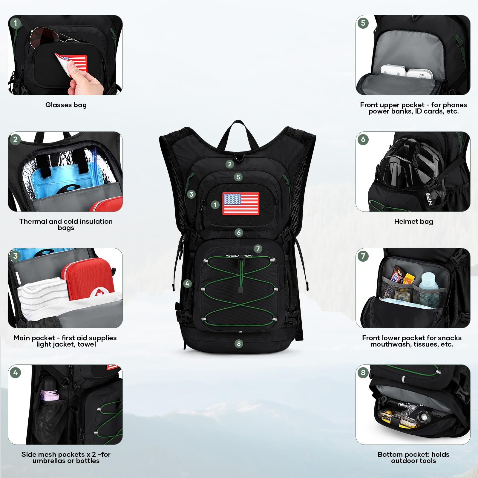 Maelstrom Trinkrucksack mit 2L/3L Trinkblase, Abnehmbarer Flaggen-Patch | 20L Stauraum, isoliertes Trinkblasenfach, leichtes Design für Wandern, Radfahren, Laufen und Trailrunning