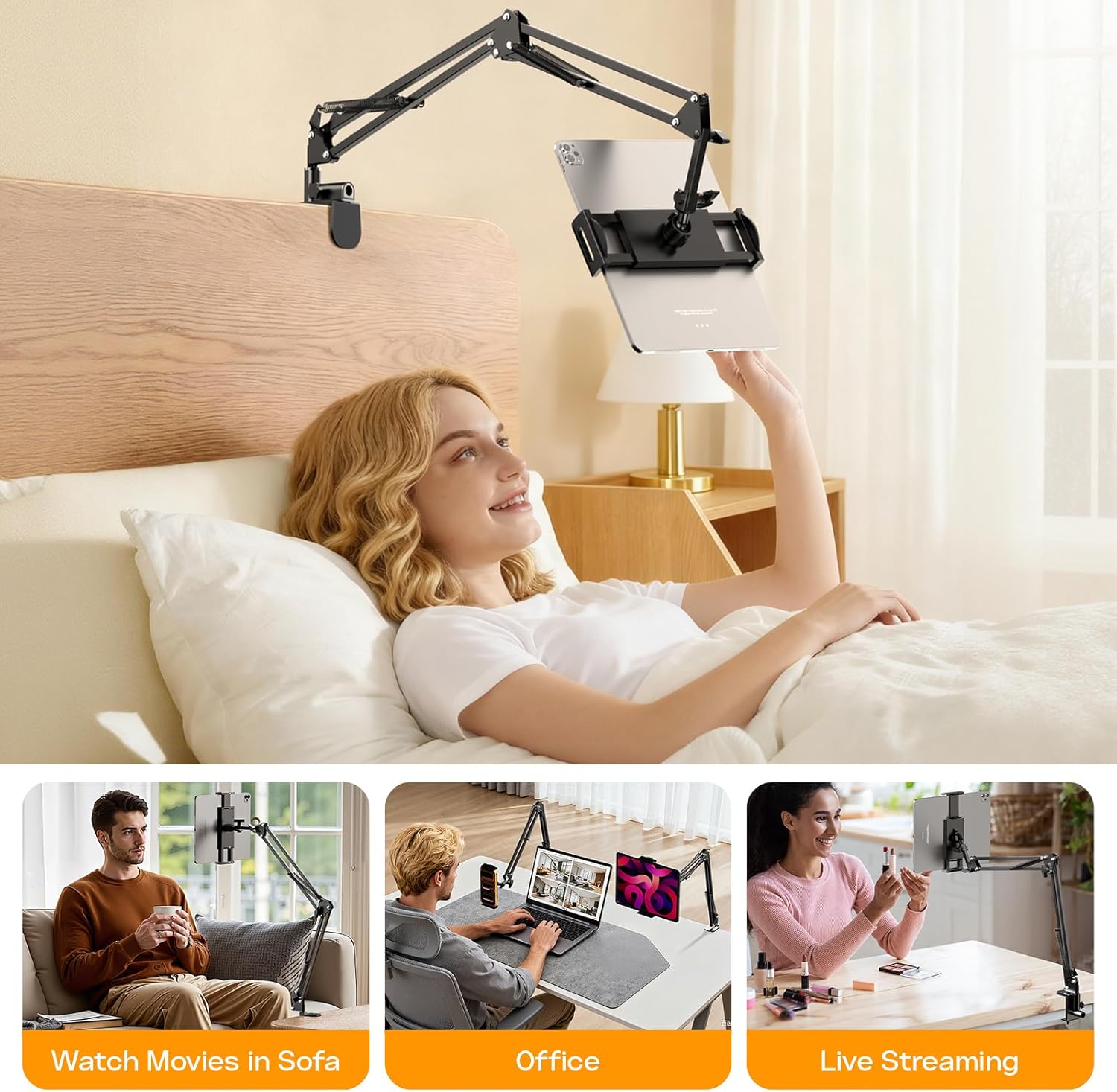 2 Pack Gooseneck Phone Holder for Bed Flexible Long Arm Phone Mount for Desk Upgraded Metal Stable Clip Bed Phone Holder for iPhone iPad mini 7 Kindle Switch All 4.7-13” Devices,Black