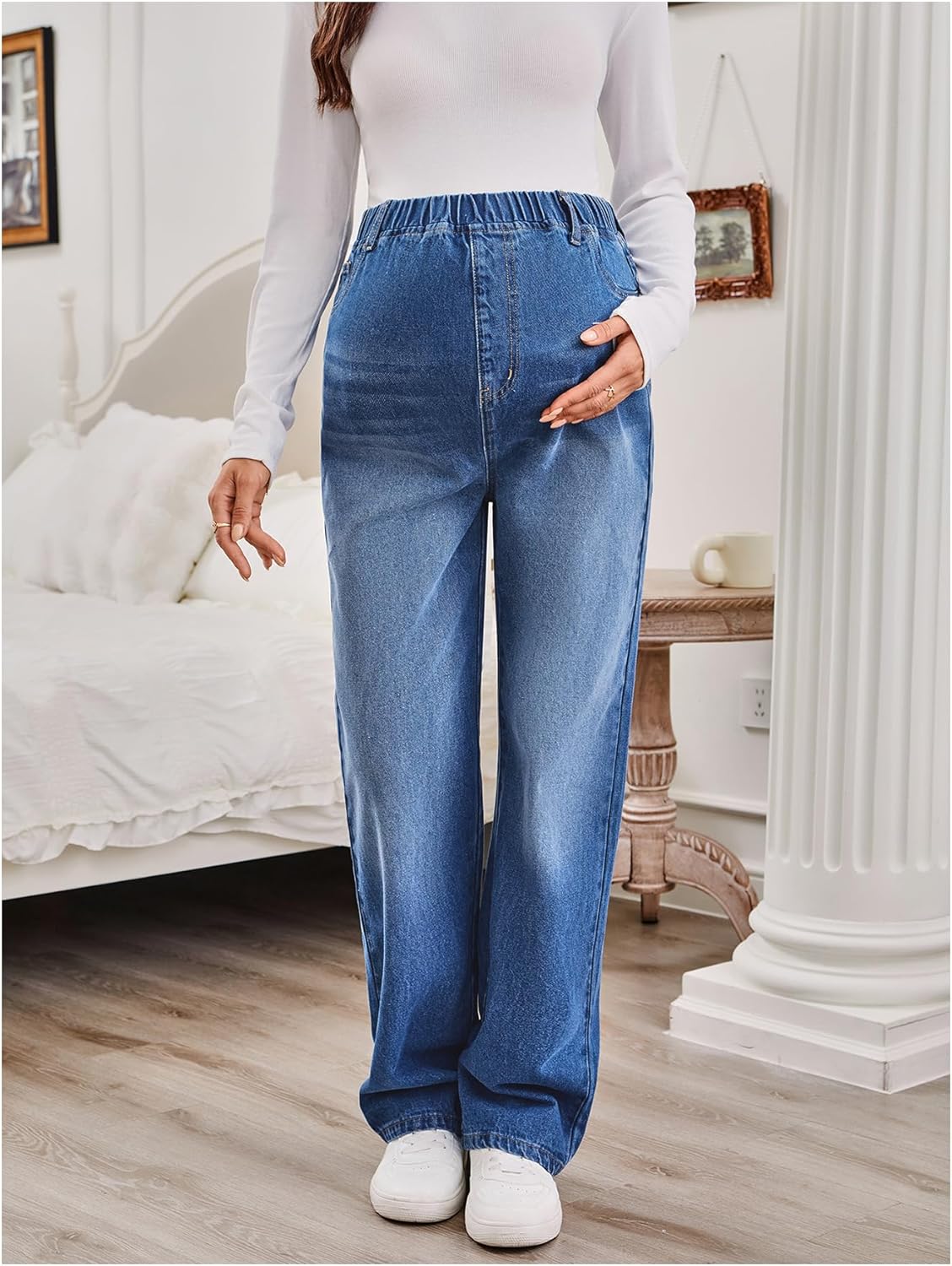 MakeMeChic Women's Maternity Jeans Loose Wide Leg Over The Belly Straight Pregnancy Jeans Denim Pants - Image 2