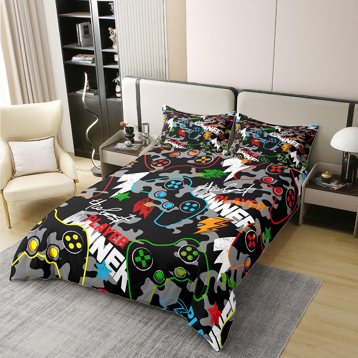 Homemissing Copripiumino Gamer 220 x 240 cm in Cotone Camouflage Videogiochi per Ragazzi Adolescenti-Grigio Camo Gaming Traspirante