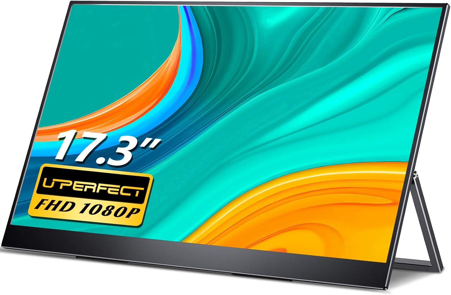 Portable Monitor 17,3 Zoll, UPERFECT Tragbarer Display 100% sRGB Rahmenloses 1920 * 1080 Full HD Gaming Monitor mit Verstellbarem Ständer Dual USB C OTG Mini DP HDMI für PC Handy PS3 PS4 Xbox Switch