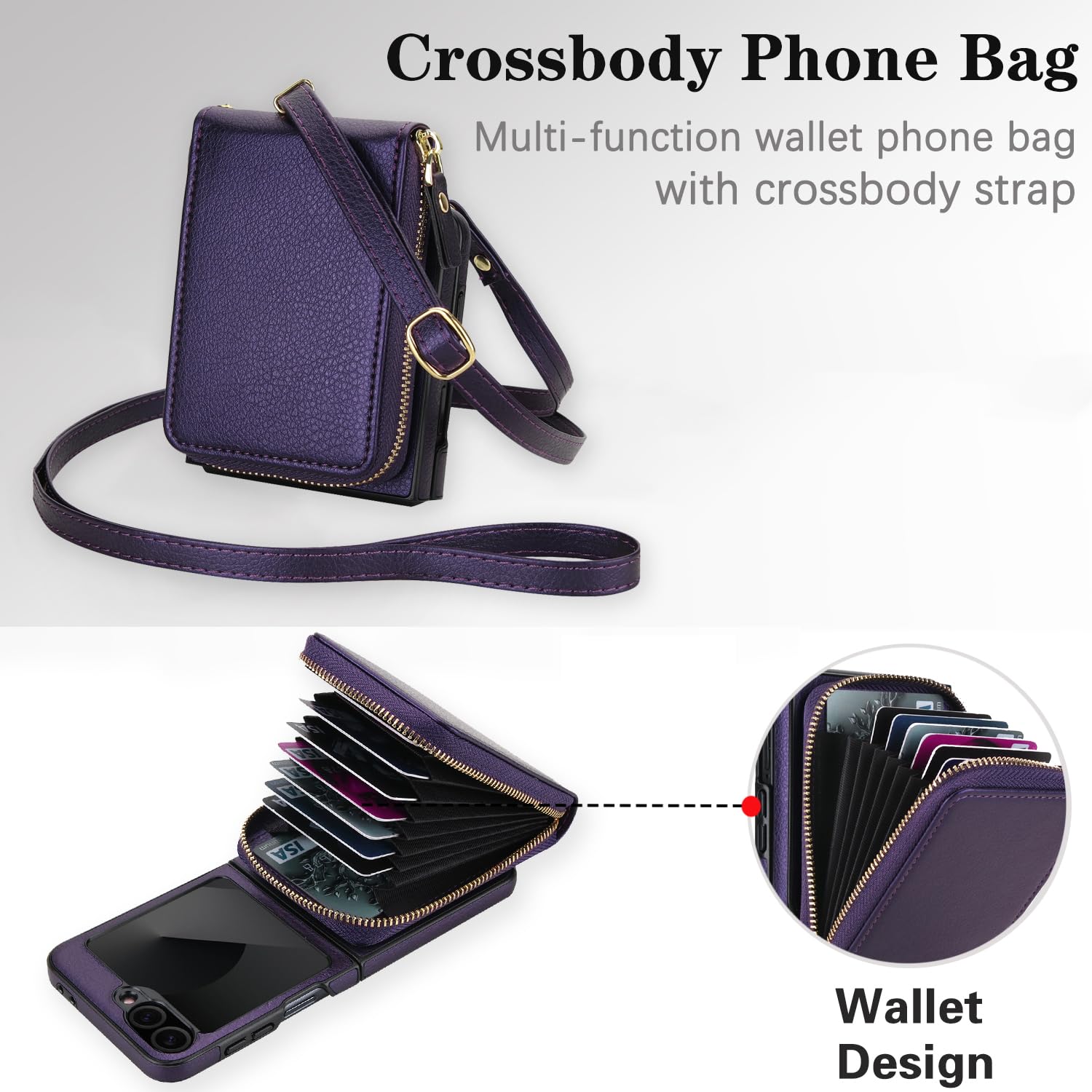 Asuwish Custodia per Samsung Galaxy Z Flip 6/Z Flip 7 FE 5G 2 in 1 Custodia magnetica a portafoglio con tracolla a tracolla blocco RFID porta carte di credito Z6 G Flip6 ZFlip Flip7 da donna viola