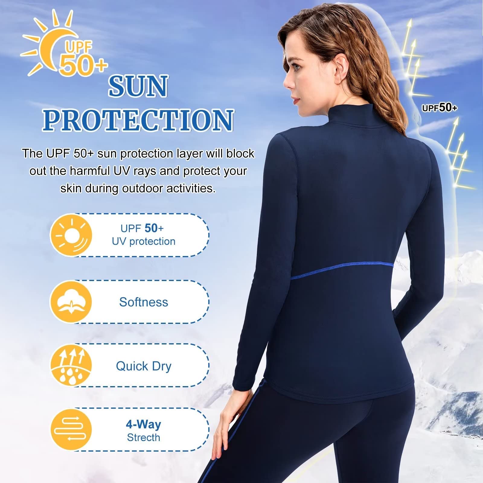 1/4 capa base de esquí para mujer, clima frío, invierno, ropa interior, térmica, para entrenamiento, correr, absorbe el sudor, 13-navy-fleece, Small