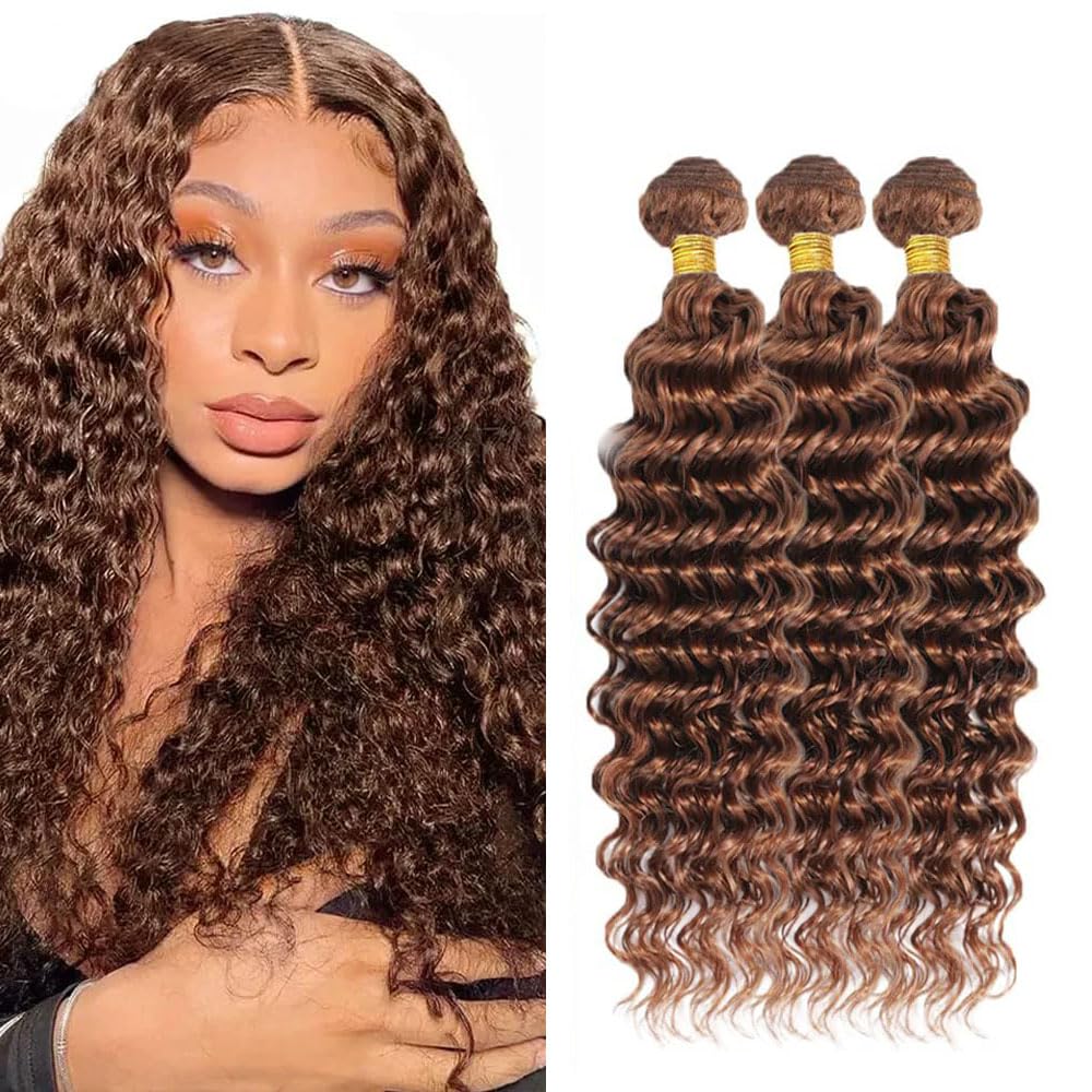Tuheerst #30 Light Brown Bundles Human Hair Deep Wave Weave 3 Bundles Total 150g Doubles Weft Unprocessed Glueless Human Hair Extension For Women 24 26 28 Inch