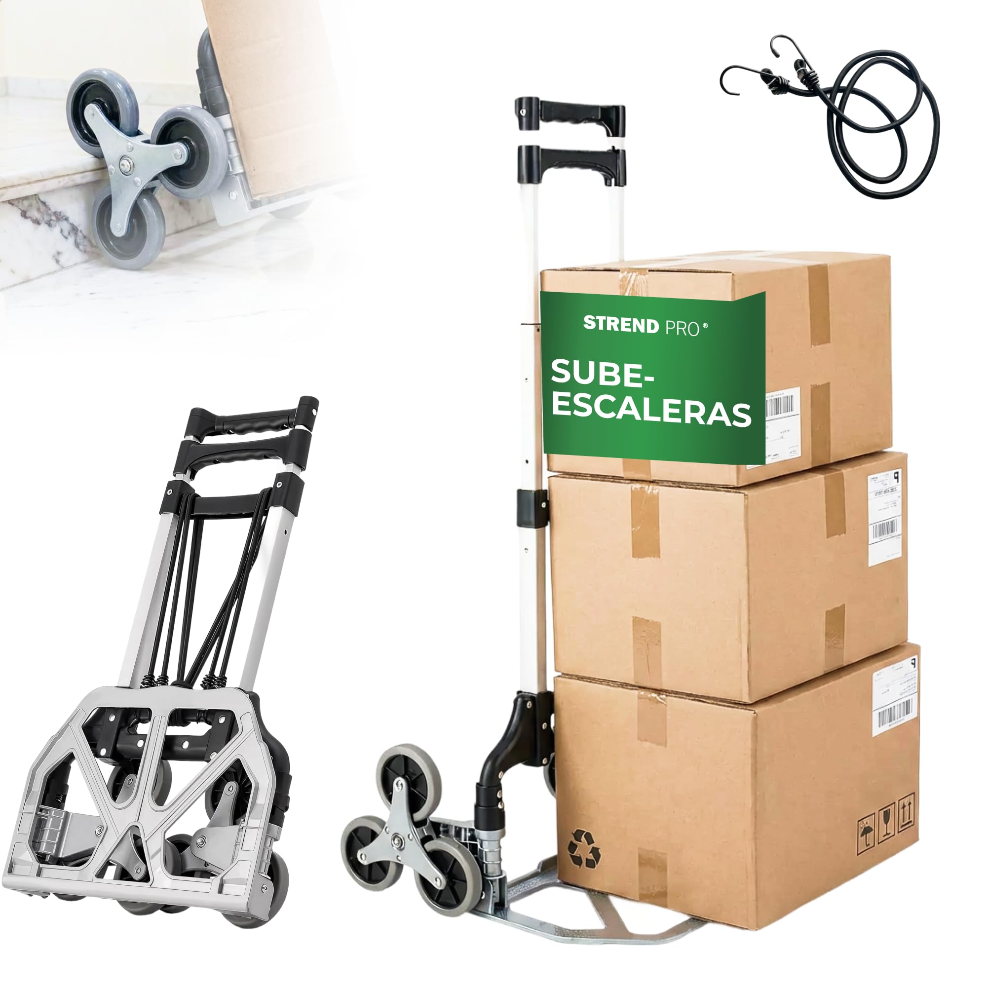 STREND PRO Carretilla Sube Escaleras 80kg | Carretilla Plegable con Sistema de 3 Ruedas | Carro Robusto para Escaleras & Peldaños | Carretilla Regulable en Altura & Compacta