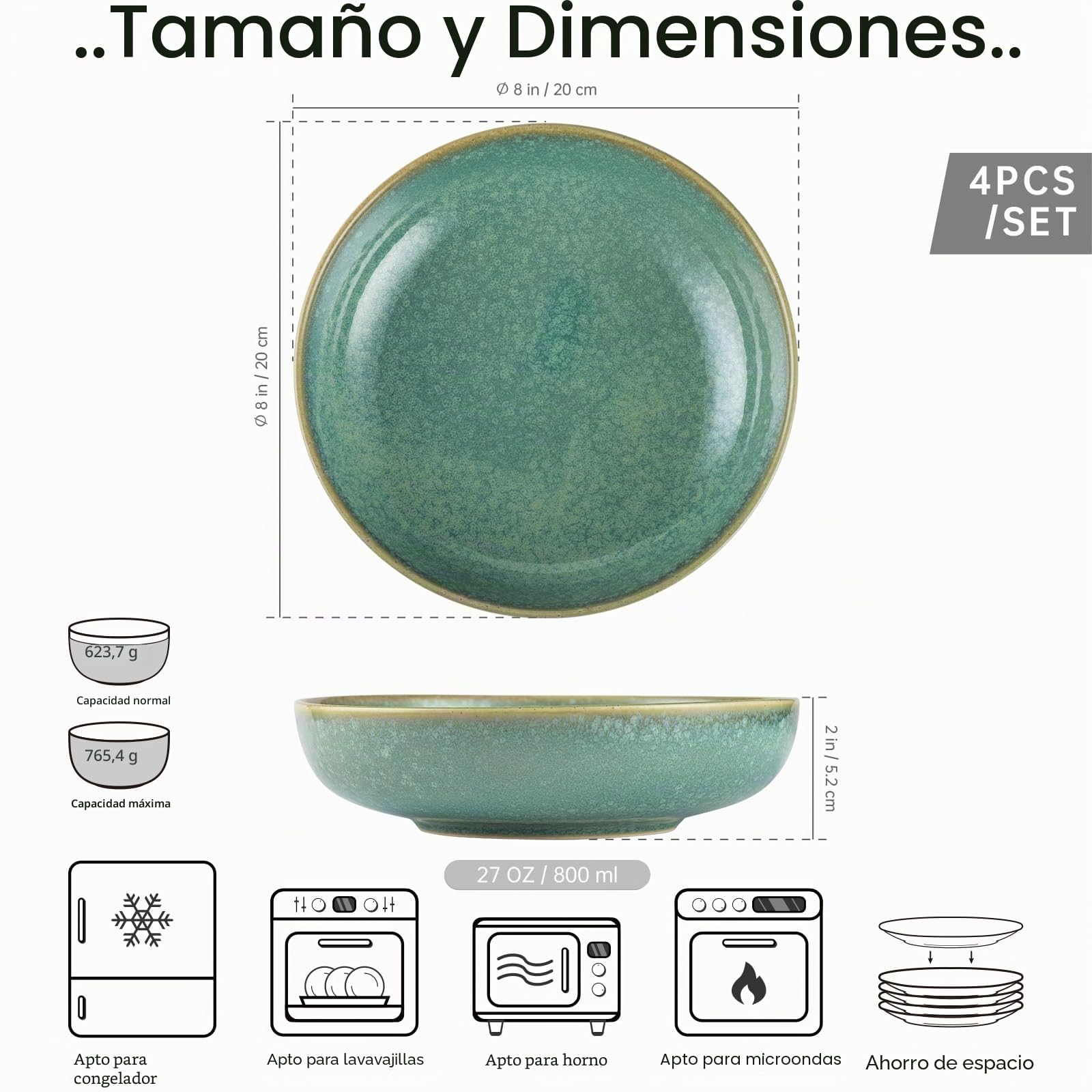 HENXFEN LEAD cuencos para pasta, sopera de cerámica de 740 ml, juego de 4 ensaladeras de porcelana, verde brillante