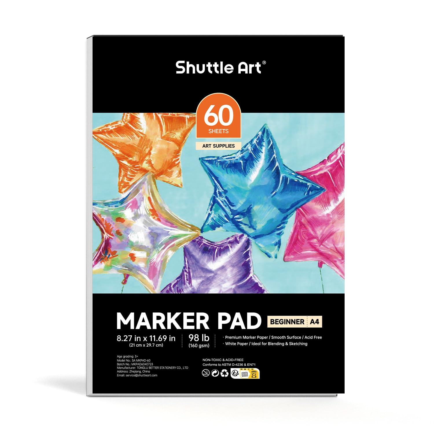 Shuttle Art Marker Pad,11.69"x8.27" Portable A4 Sketchbook, 60 Sheets Drawing Paper, 98LB/160GSM Smooth Surface Bleedproof Art Paper, Glue-Bound, Great for Beginners to Draw, Paint & Sketch