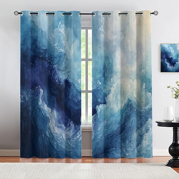 Navy Blue Blackout Curtains 39 inch Long 2 Panels, Abstract Marble Curtain, Gradient Blue Curtains, Modern Graffiti Window Curtain for Living Room Balcony