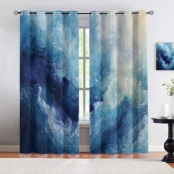 Navy Blue Blackout Curtains 39 inch Long 2 Panels, Abstract Marble Curtain, Gradient Blue Curtains, Modern Graffiti Window Curtain for Living Room Balcony