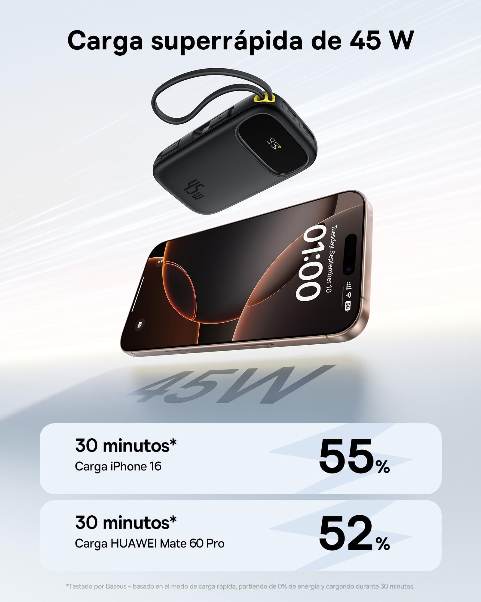 Baseus Powerbank 45W 20000mAh con 2 Cables USB-C Integrados, Power Bank PD3,0 QC4,0 Baterías Externas Carga Rapida, 3 C 1 A, Cargador Portátil para iPhone 17/16/15 Pro MAX, Samsung, Negro