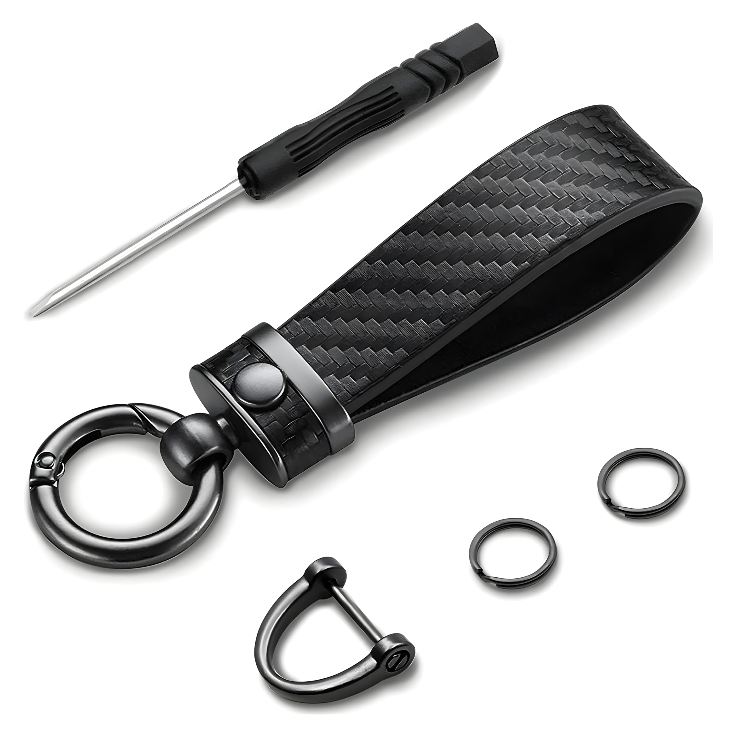 Car Key Chain, Carbon Fiber Leather Keychain, 360° Rotatable Key Fob Holder with Anti-lost D-Ring, Car Accessories (Black)