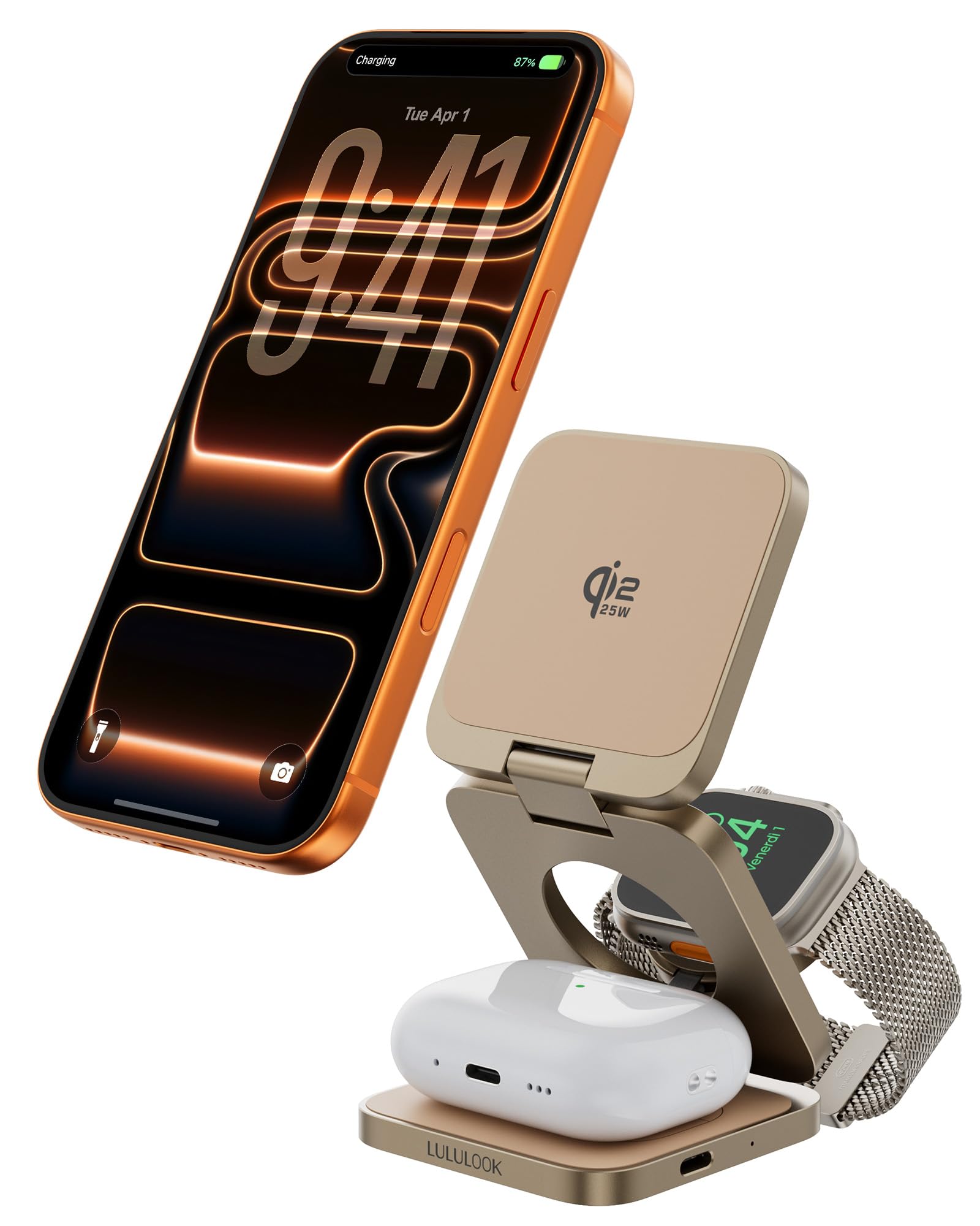 LULULOOK Ultra Kompakt Qi2.2 25W 3 in 1 Ladestation, Faltbar Reise MagSafe Ladegerät für iPhone 17/16, 5W für Apple Watch und AirPods, Alle Aluminium Design mit 45W GaN Netzteil, Wüstengold