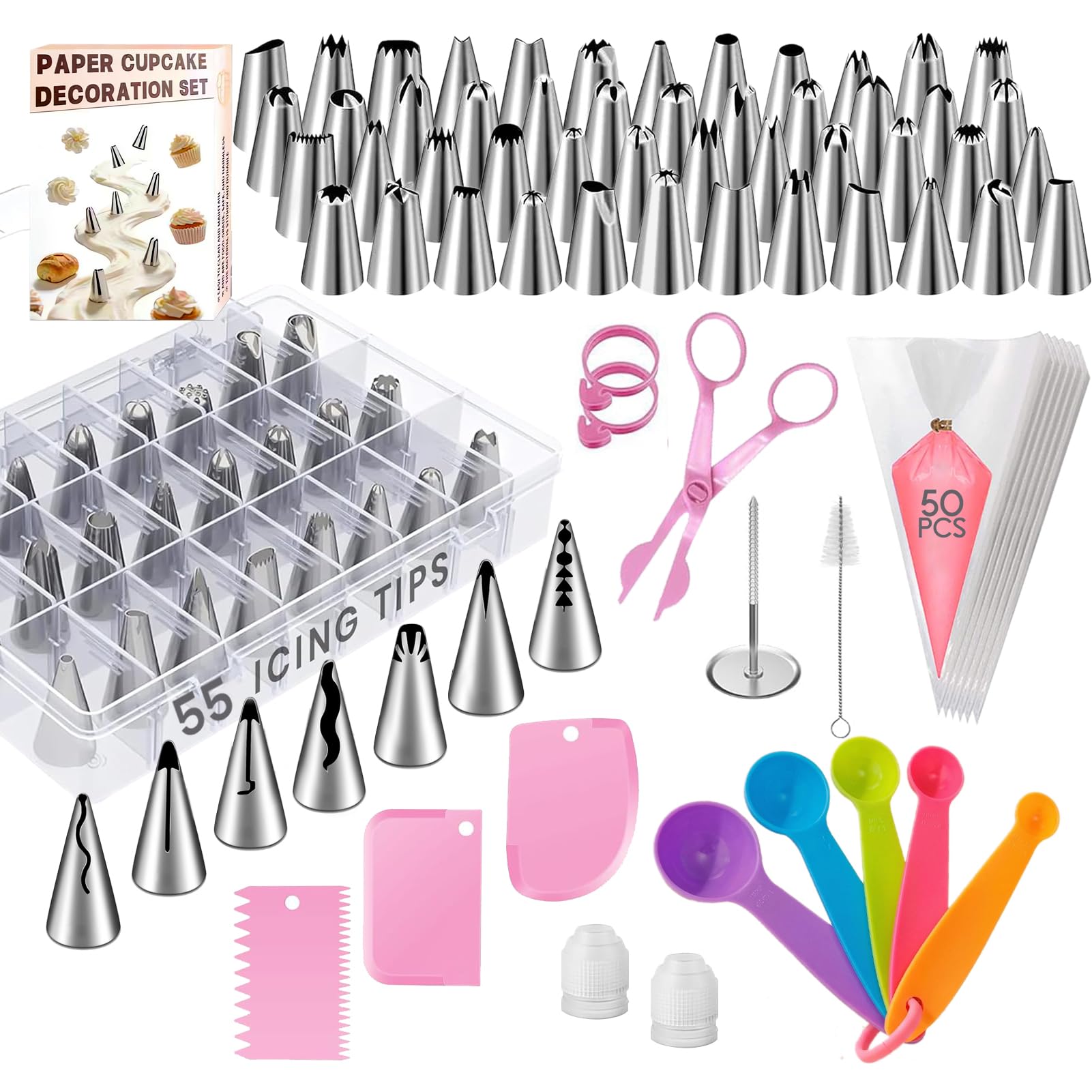 120 pcs Poche a Douille Patisserie, Douille Patisserie Inoxydable avec Cuillères Doseuses, 50 Poche a Douille pour Gâteaux, Cupcakes, Biscuits et Crème