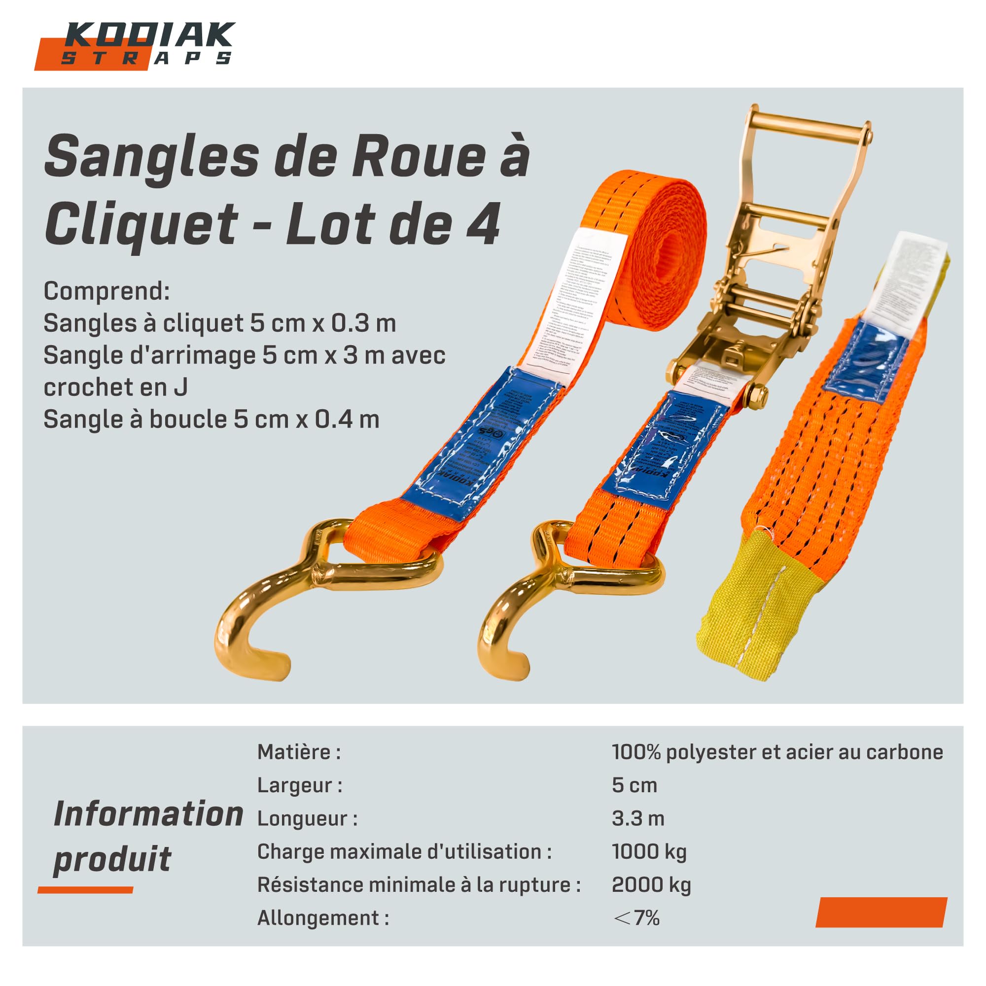 4 Lots de Sangles à Cliquet pour Transport de Véhicules | Largeur 35 mm 2000 daN | Sangles de Sécurité pour Roues, Voitures, Remorques et Poids Lourds - Certifié TÜV/GS DIN en 12195-2 - KODIAK STRAPS