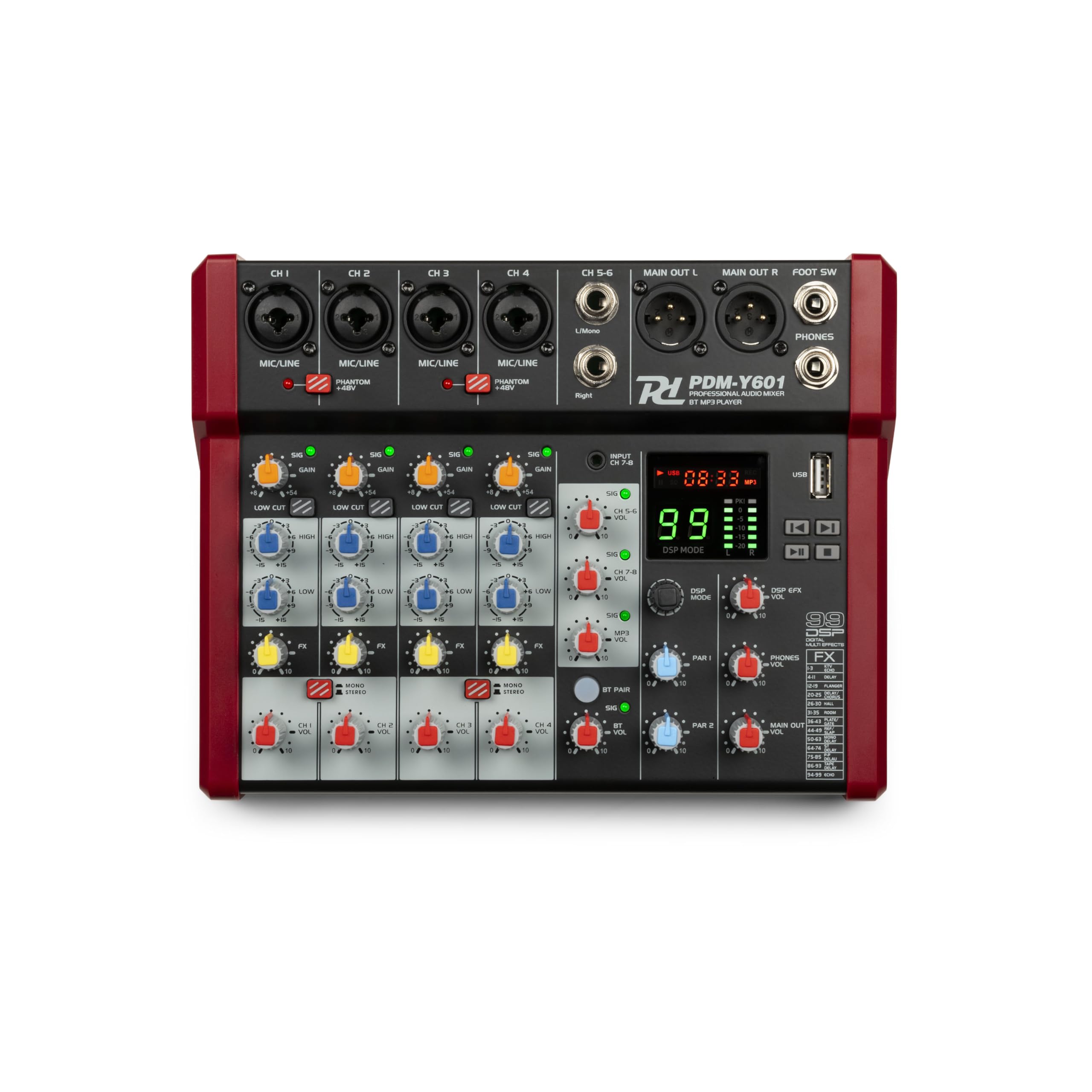 Power Dynamics PDM-Y601 6-Kanal Audio Mixer Mischpult Bluetooth, 48V Phantom Power, Soundboard PC, USB MP3 Audiomischpult Studio, Aufnahmen, 99 DSP Effekte, 24bit, 48kHz, Klinke, XLRY