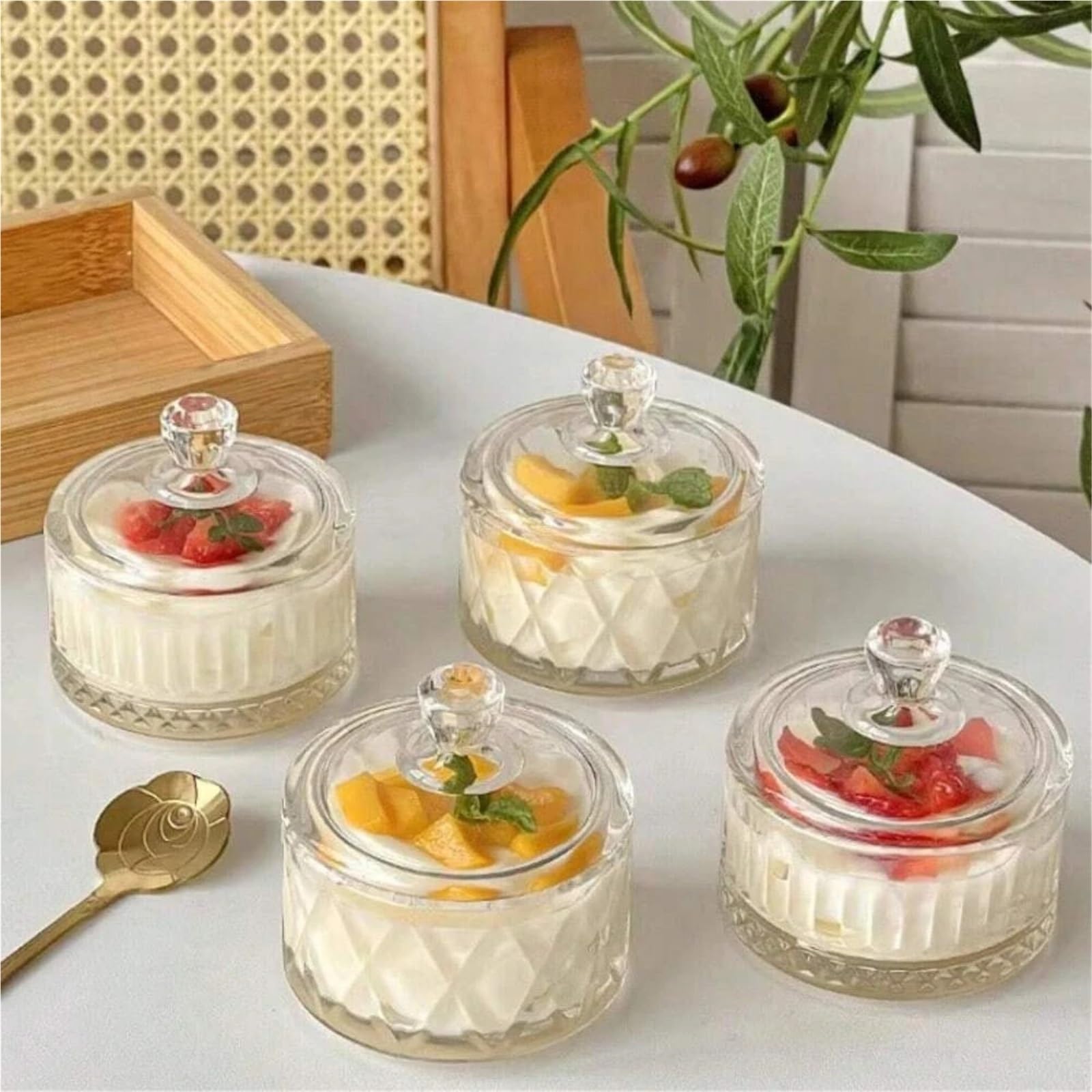 2 eleganti coppe da dessert in vetro for gelato con coperchio - for budino, yogurt e for uso commerciale domestico Per Dessert(Clear Diamond)