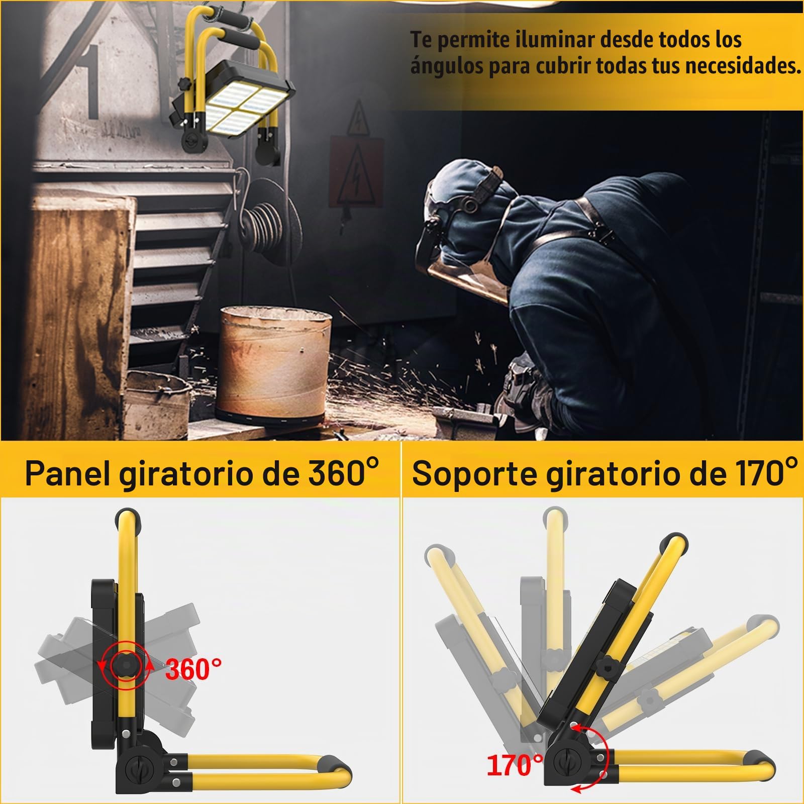 MASMEJOR Foco LED Recargable Solar, 16000LM, 15000mAh, Mando a Distancia | 160W, 552 LEDs, Soporte Metálico, 4 Modos de Luz, Salida USB, Portátil para Camping, Construcción, Garaje, Pesca, Emergencia