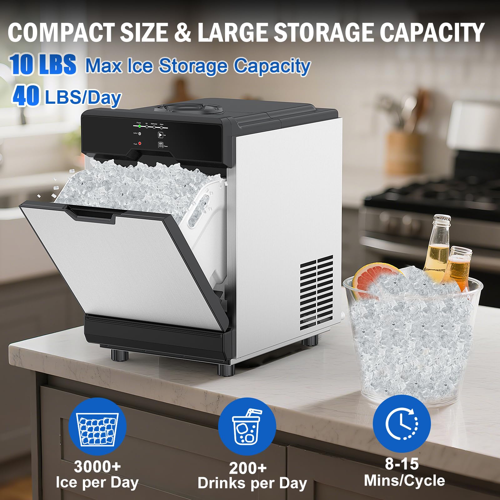 Nugget Ice Maker Countertop, 40 Lbs/Day With 10 Lbs Storage Bin, Freestanding/Countertop Ice Maker Machine Stainless Steel, Soft Chewable Pellet Ice Machine For Home Bar Kitchen Office, Self-Cleaning on Fridge.com - View 2