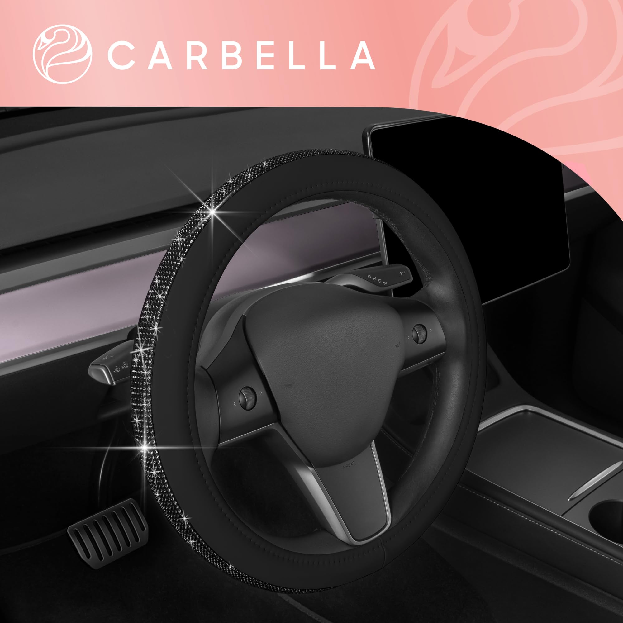Carbella Bling Bling Glitter Diamond Leather Steering Wheel Cover with 9 Rows Crystal Rhinestones, Fits Wheels 14.5-15 inch for Women/Girls Black