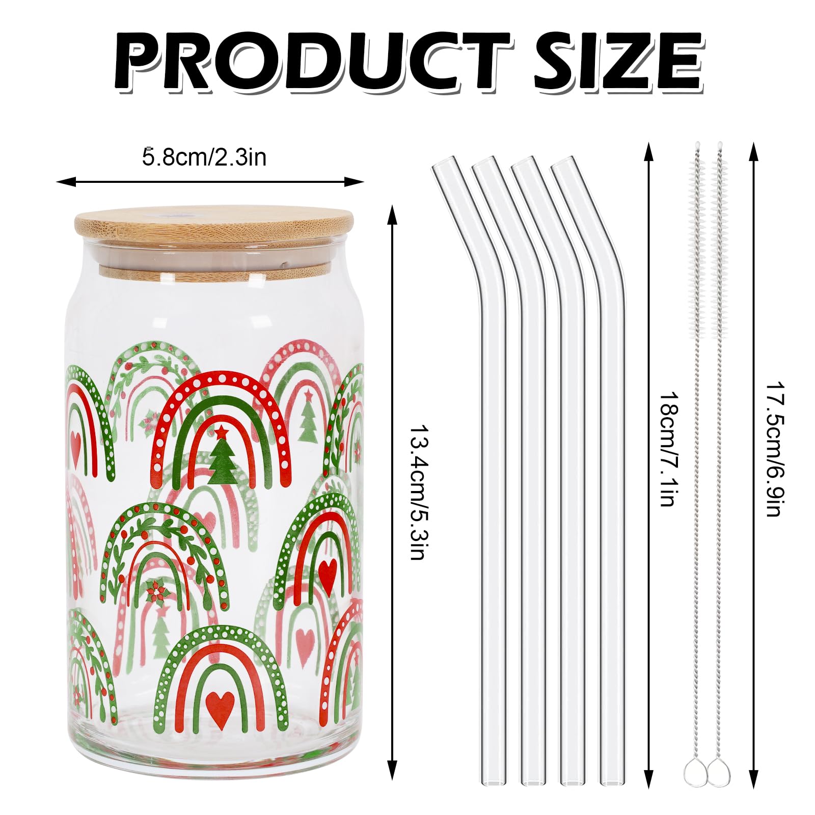 Whaline 4 Pack Boho Christmas Iced Coffee Cup Xmas Tree Snowflake Rainbow Beer Can Glass Red Green Xmas Glass Cup with Lid Straw for Home Office Gifts,16oz