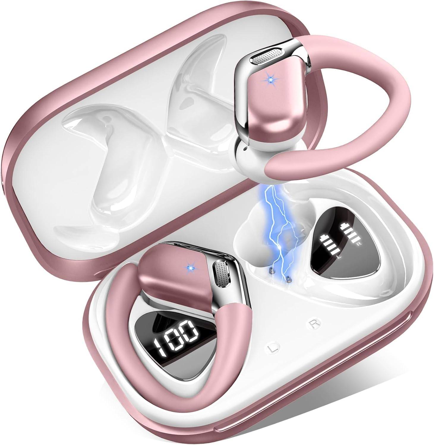 Wireless Earbud Bluetooth 5.4 Headphones Sports with Earhooks, Earphones Wireless Bluetooth ENC Noise Cancelling, 50H Playtime, IP7 Waterproof Ear buds In Ear for Sport/Running/Gym, Dual LED Display