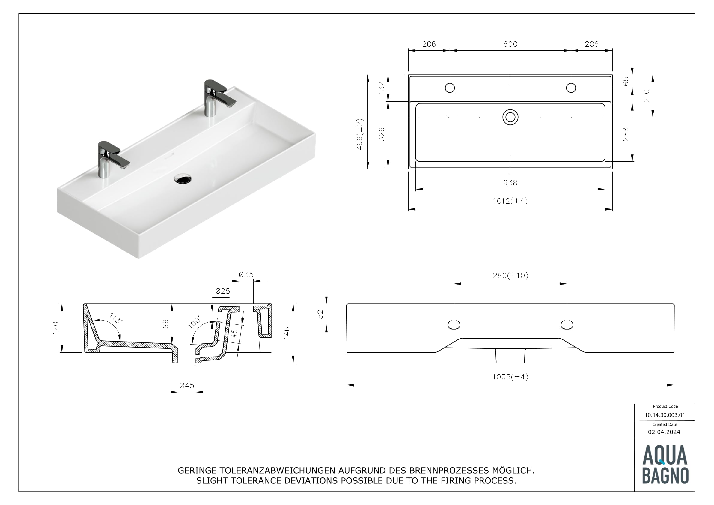 Aqua Bagno Double lavabo 100 cm blanc - Double lavabo moderne en céramique avec deux trous de robinetterie - Lavabo rectangulaire pour salle de bain - Facile d'entretien, robuste et adapté au montage