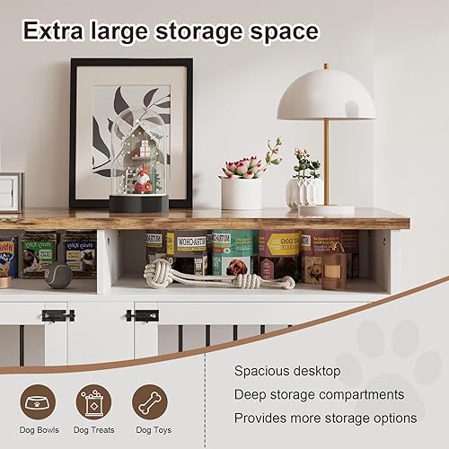 Miniatura 5 de Mueble de jaula para perros de 55 pulgadas para 2 perros, jaula de madera para perros con compartimento de almacenamiento, perrera de interior con 2
