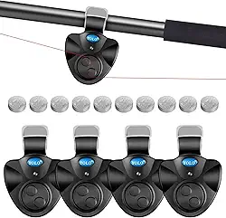 Alarme de mordida de pesca com 4 peças com 10 baterias sobressalentes, alarmes eletrônicos de pesca, alarmes de mordida para varas de pesca com alarme sonoro sino, luz LED, indicador de alarme de