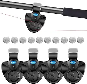 Alarme de mordida de pesca com 4 peças com 10 baterias sobressalentes, alarmes eletrônicos de pesca, alarmes de mordida para varas de pesca com alarme sonoro sino, luz LED, indicador de alarme de
