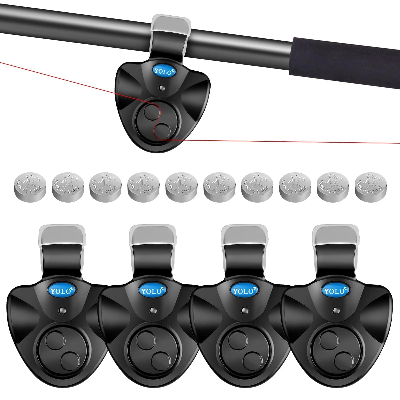 TSV 4 PCS Fishing Bite Alarm with 10 Spare Batteries, Electronic Fishing Alarms Bite Alarms for Fishing Poles with Sound Alarm Alert Bell Led Light, Fish Bite Alarm Indicator for Daytime Night Fishing