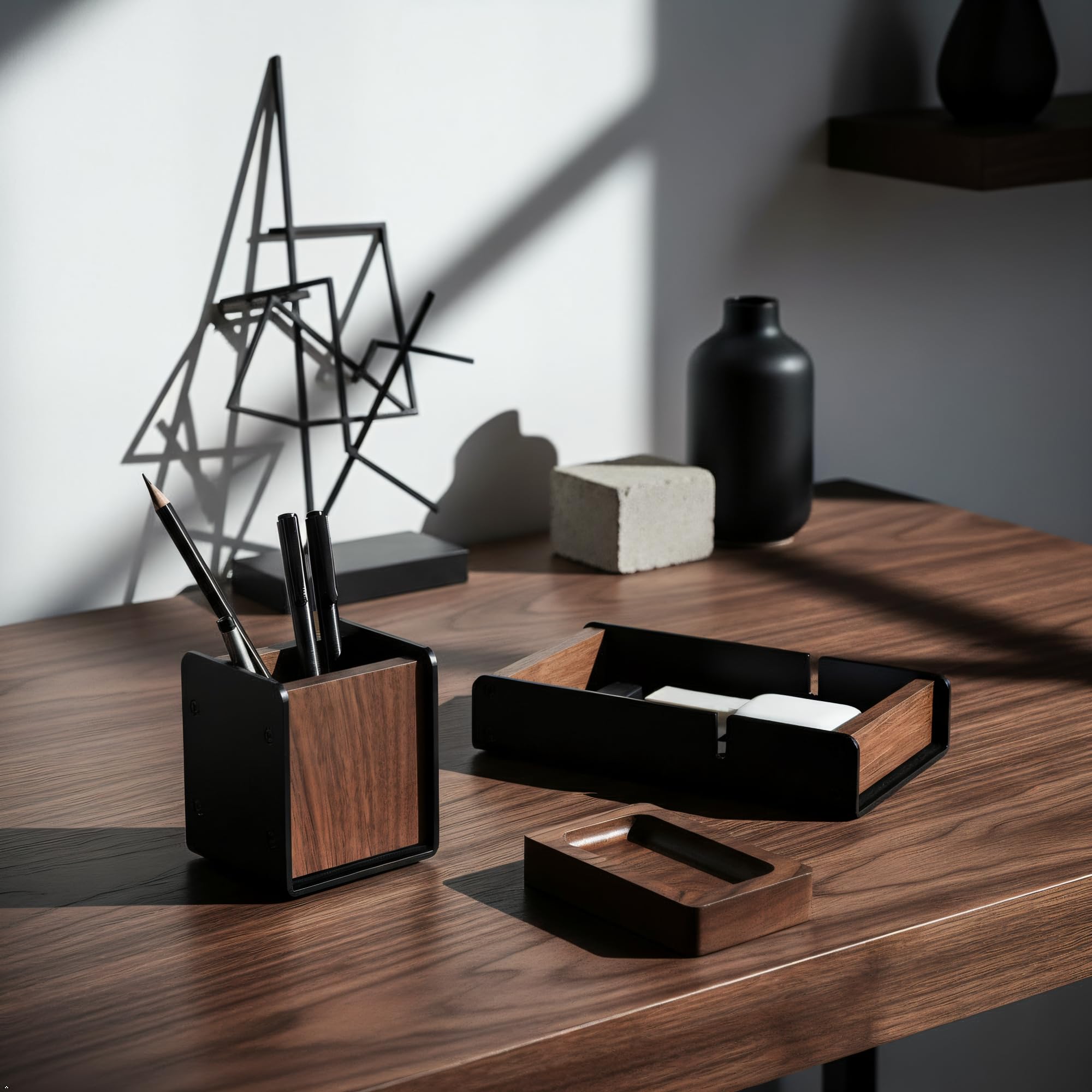 Walnut Desk Tray with Pen Holder Set Solid Wooden Desk Drawer Organizer for Keys Pen Watch Airpods Earbuds — view 4