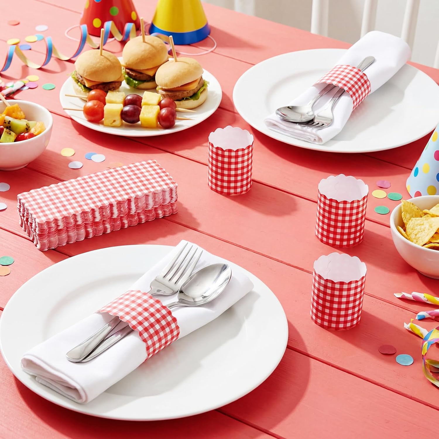 FoldTier 100 Pcs Red and White Gingham Self Adhesive Silverware Wrap Band