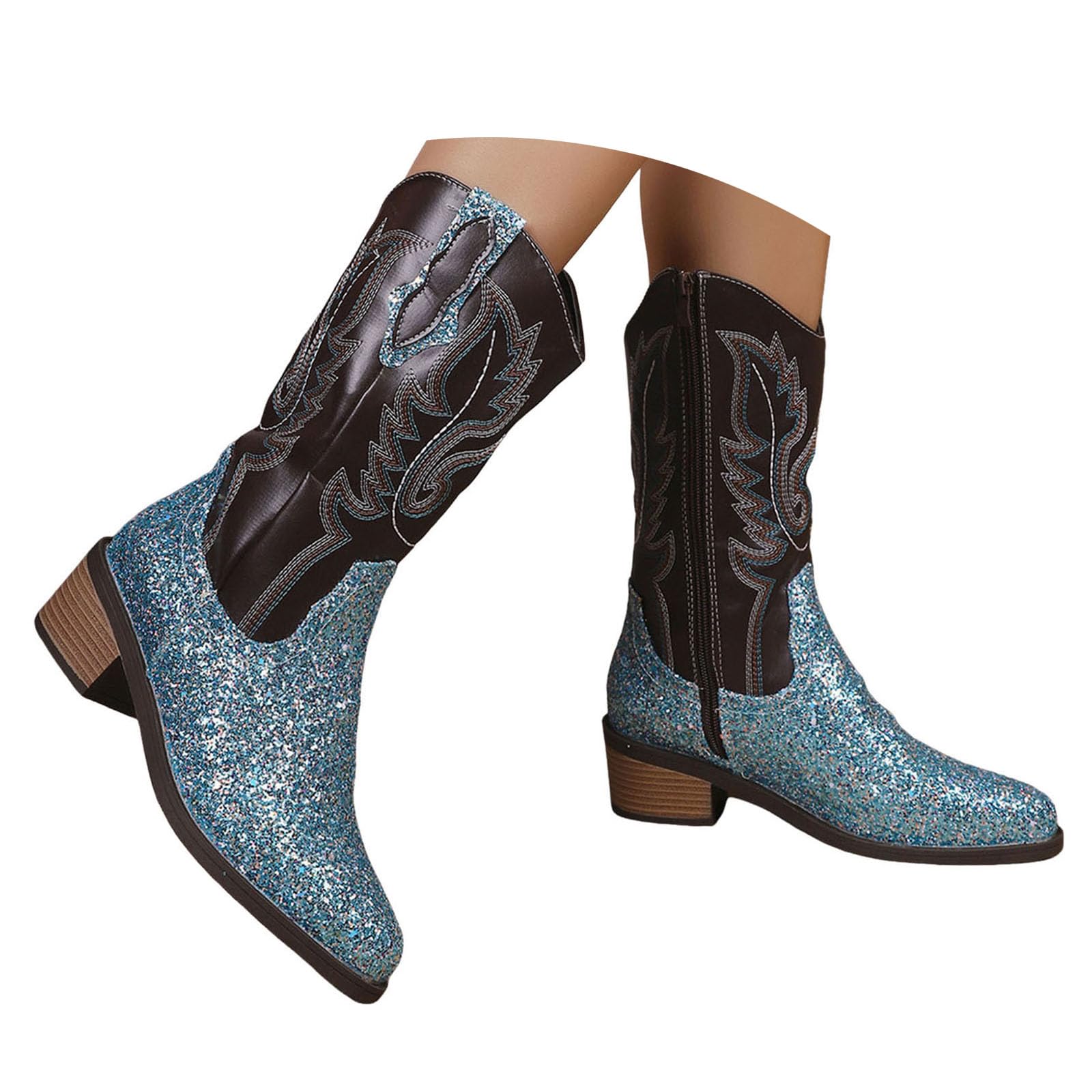 ZSpzx Women Mid Calf Cowboy Boots Shinny Retro Embroidered Cowgirl Western Booties Wide Calf Leather Chunky Block Heels
