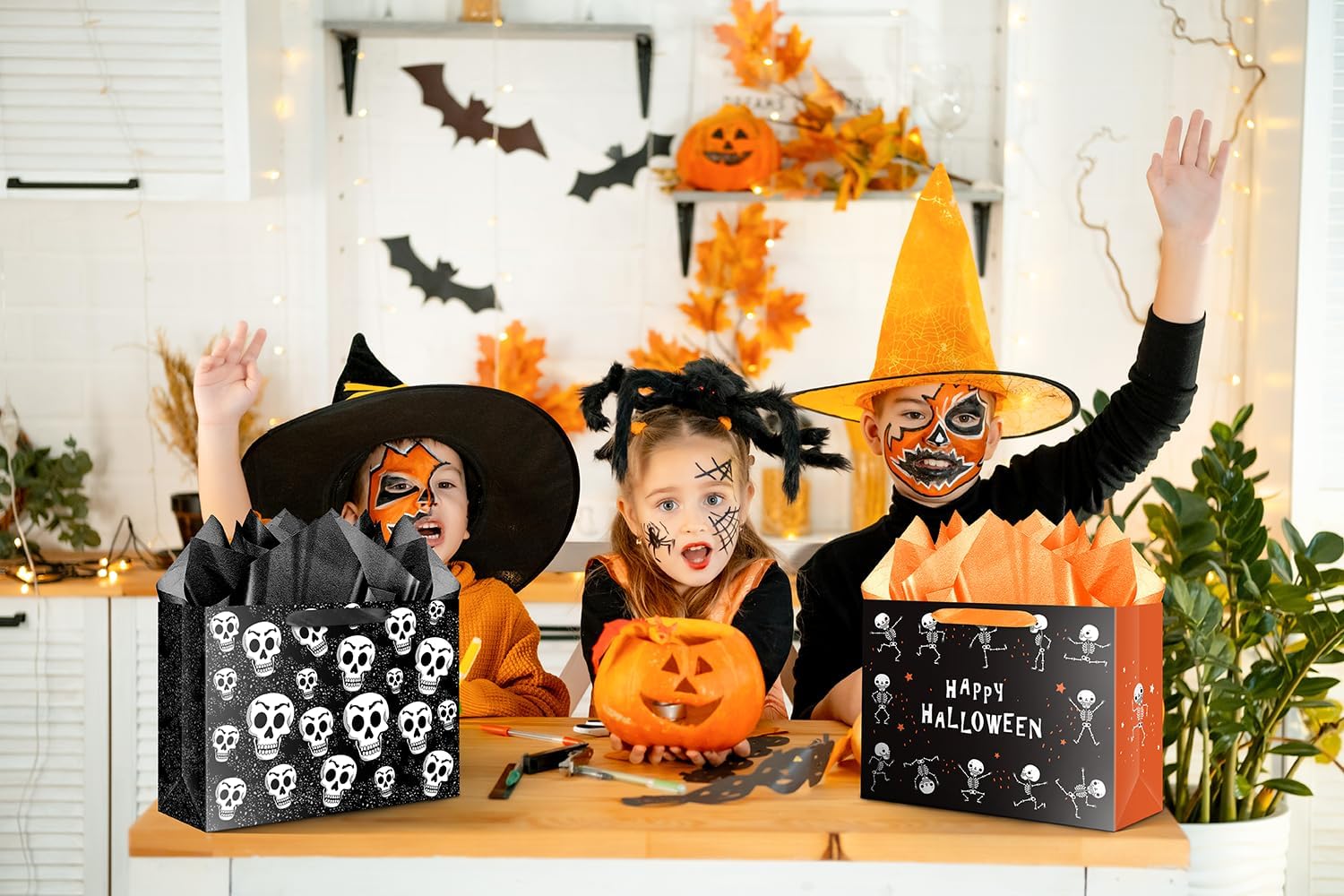 JWSCYSY 2Pack 12.6" Skull Gift Bag with Card and Tissue Paper, Happy Halloween Paper Bags for Men Women Party Favor (Black) - Image 5