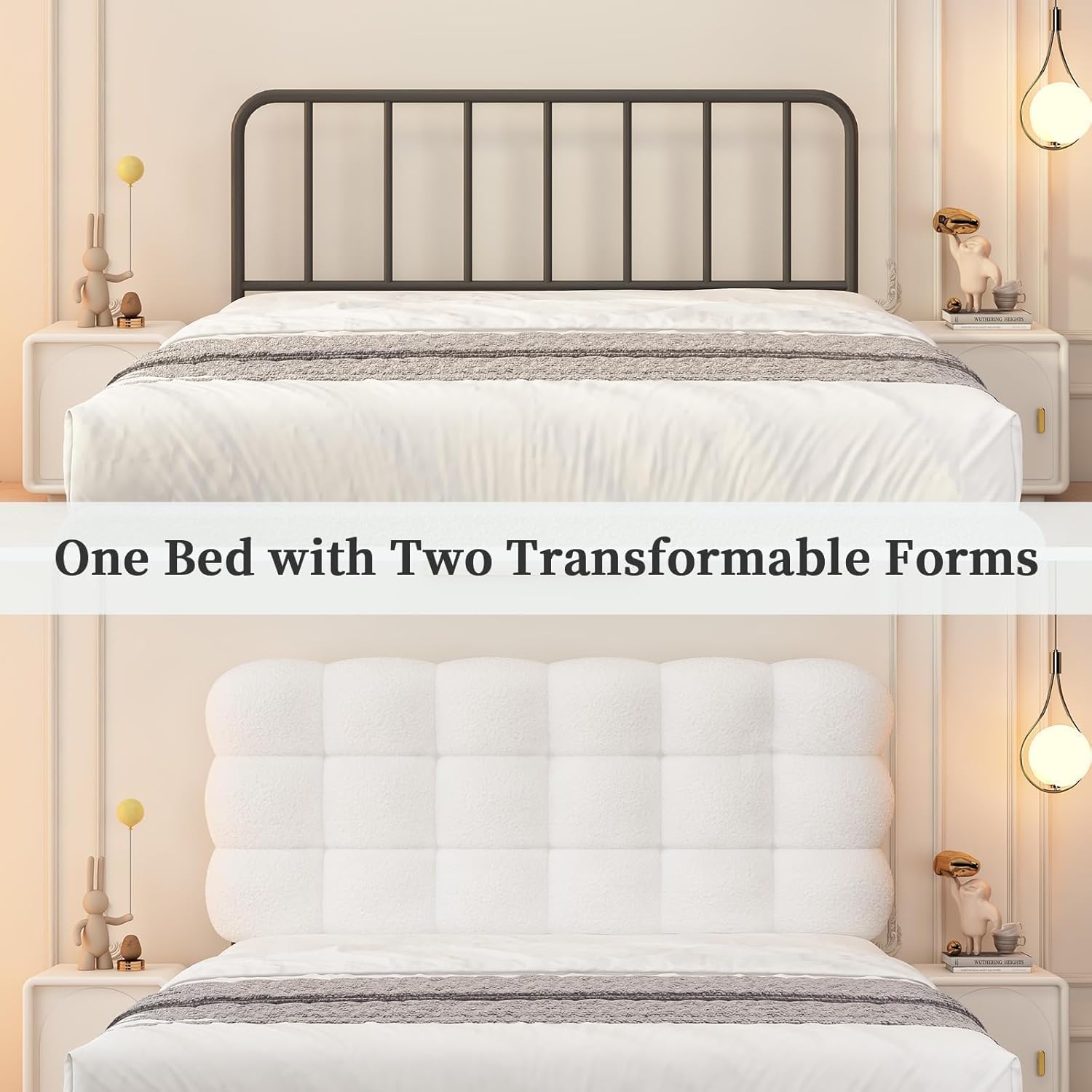 BarnFurin Queen Bed Frame with Upholstered Headboard, Soft Boucle Fabric, Platform Bed with Strong Wooden Slats Support, Two Bed Forms Design, No Boxing Spring Needed, Easy Assembly, White