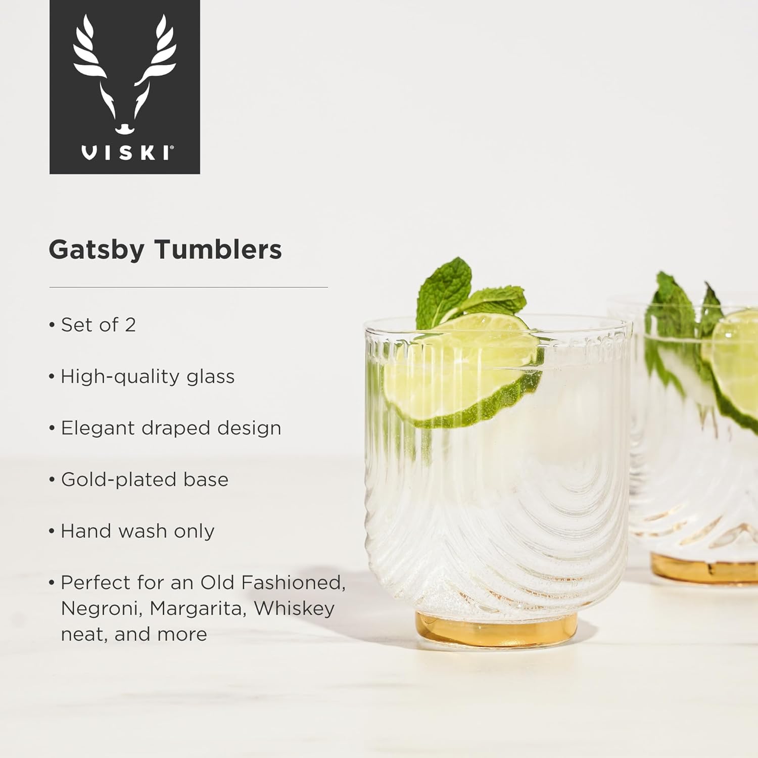 Viski Gatsby Lowball Glasses, Vintage Drinking Tumblers for Whiskey, Scotch & Bourbon, Art Deco Ripple Glassware Arch Design, Gold Plated Base Crystal Drinking Set, Set of 2 , 12oz