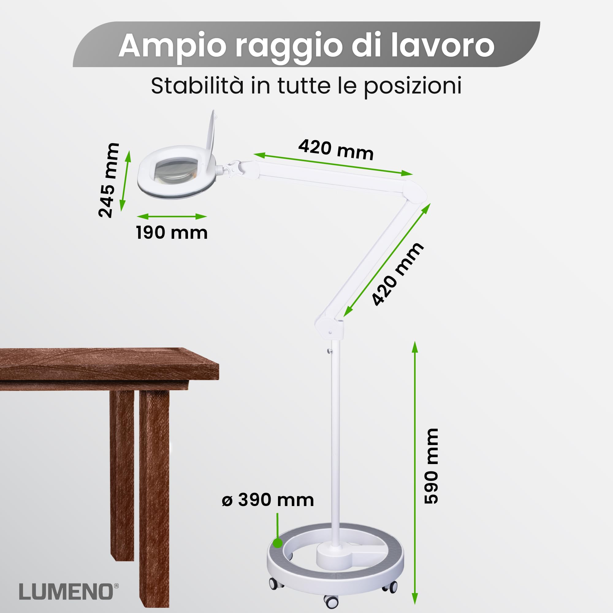Lumeno 8615GR Lampada d'ingrandimento con grande lente ovale 110x150 mm, 60 LED dimmerabili in 2 fasi, perfetta come ausilio alla lettura, per i cosmetici, 5 diottrie grigio con treppiede rotante