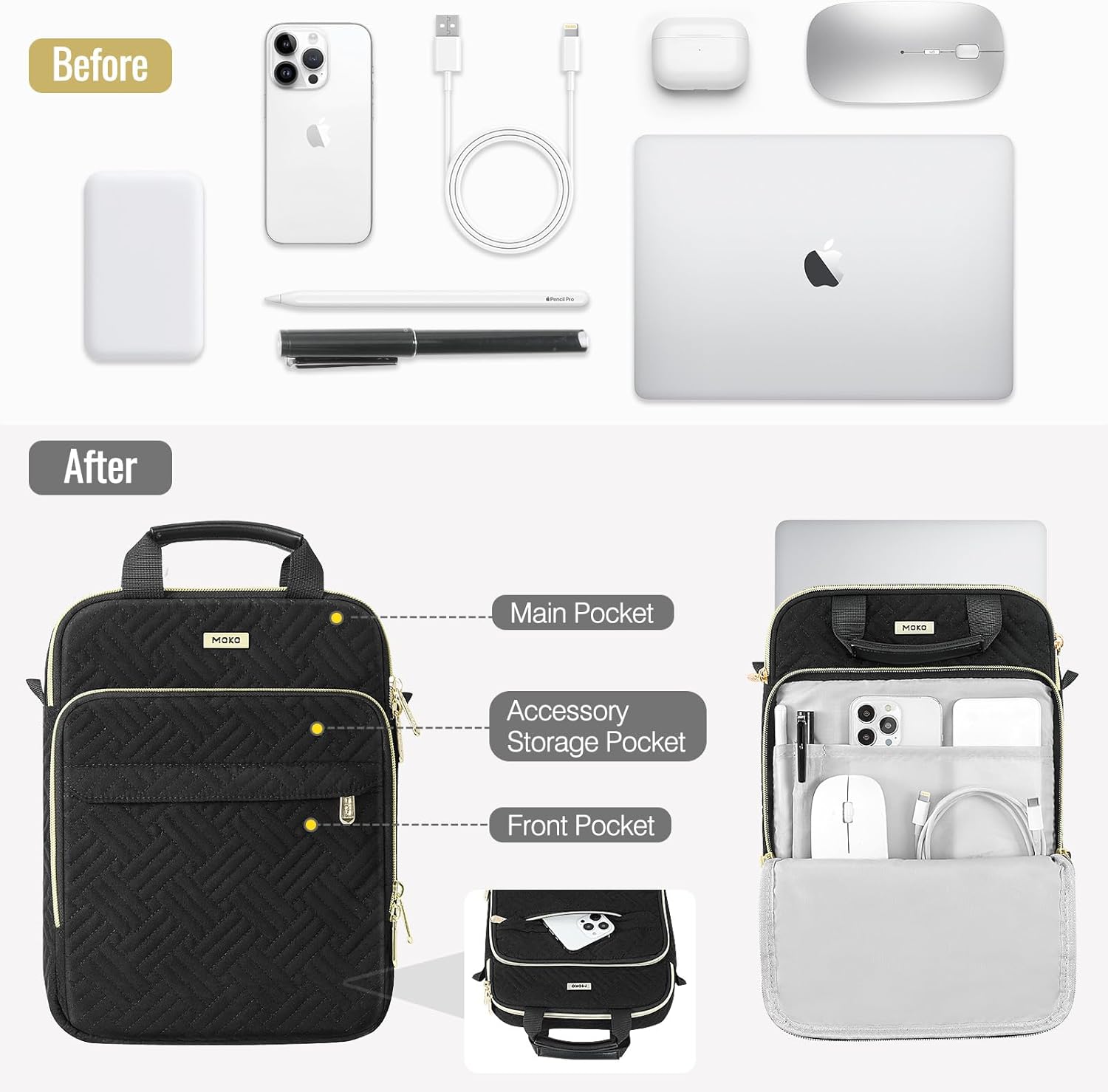 MoKo 13-14 in Puffer Laptop Sleeve Bag for 13-inch New Mac Air/Pro, 14-inch MacBook Pro M4/M3/M2/M1, 13.8“ Surface, Puffy Laptop Carrying Case with Handle & Shoulder Strap, Black - Image 3