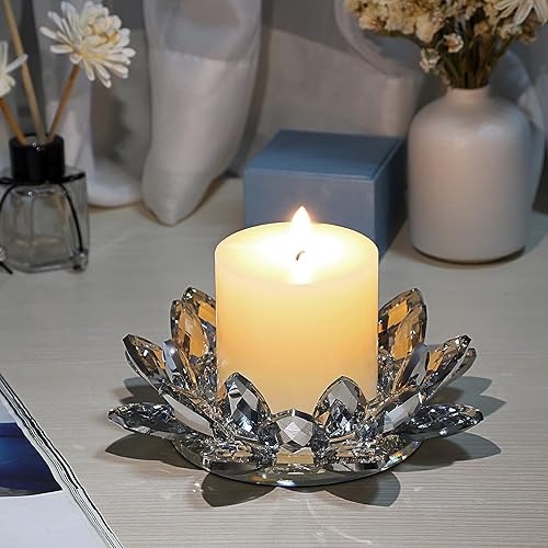 Miniatura 7 de OwnMy Portavelas de cristal de flor de loto para velas de pilar de hasta 3 pulgadas, portavelas votivas de pétalo de loto de vidrio decorativo,