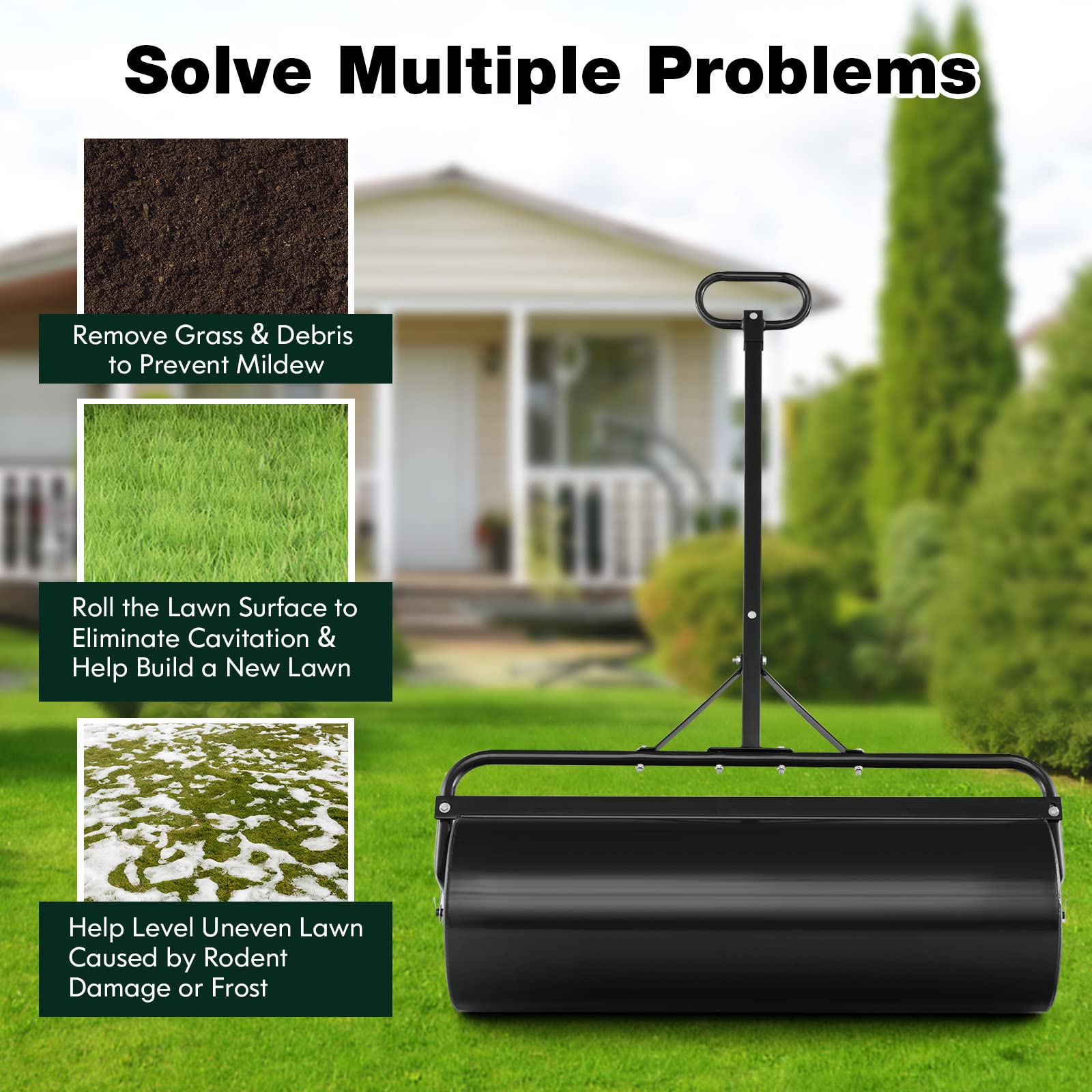 Rodillo para césped de jardín de 48L/60L/63L, Herramienta de Empuje de Gran Capacidad para césped, Tambor Resistente y desagüe extraíble, se Puede llenar con Agua o Arena, Acero galvanizado