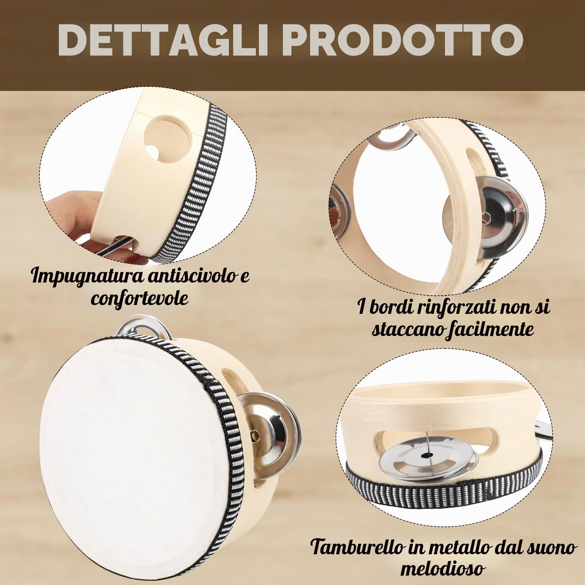 24 Pezzi di Tamburi da 10 cm per Adulti per Matrimonio, Tamburi a Mano in Legno Naturale con Jingles in Metallo, Strumenti Musicali a Percussione per Chiesa, Matrimonio, Festa