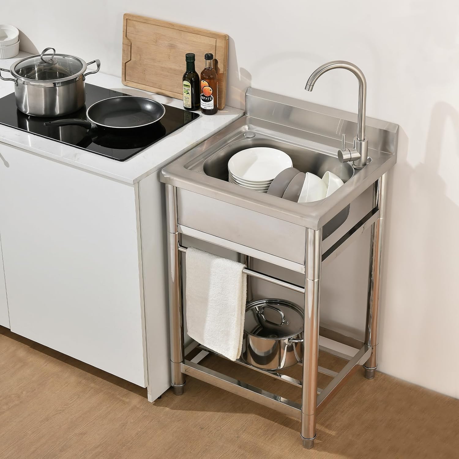 Stainless Steel Utility Sink, Free Standing Small Stainless Steel Sink with Faucet Laundry Room Sink 16 Gauge Single Bowl Outdoor Commercial Garage Sink (19"D x 23"W x 38"H)