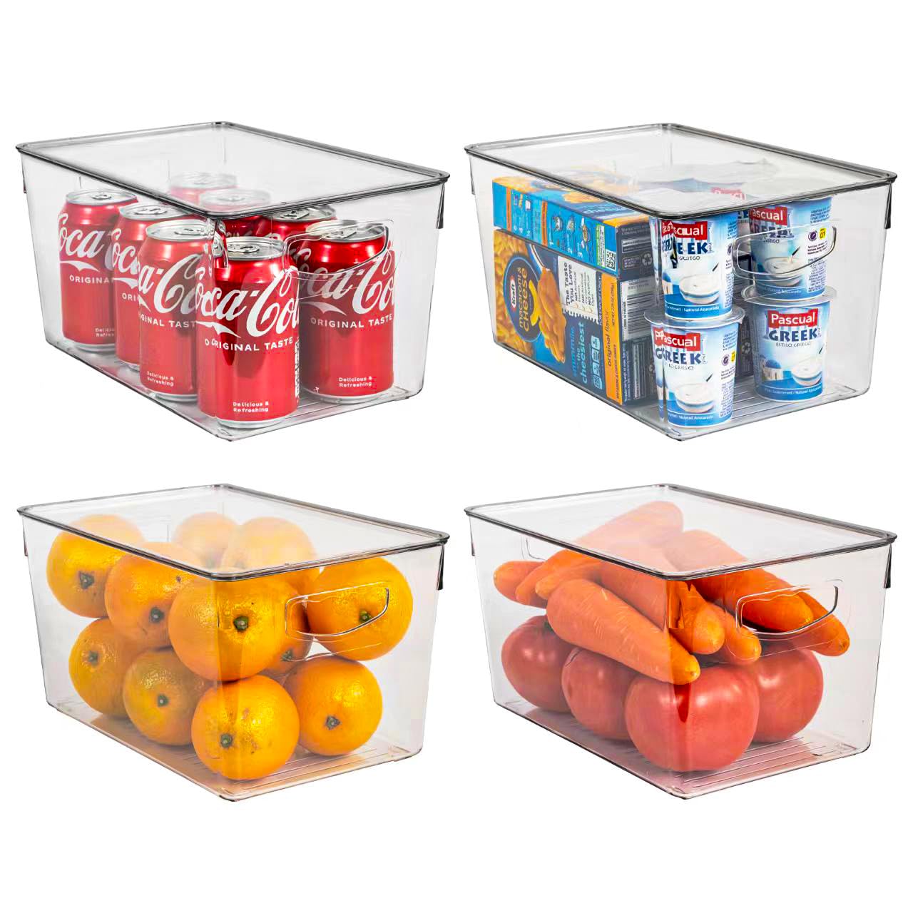SCAVATA 4 Pack Stackable Storage Bins with Lids, Clear Plastic Pantry Organizer with Handle for Kitchen, Fridge, Cabinet, Portable Containers for Closet, Bathroom Organization
