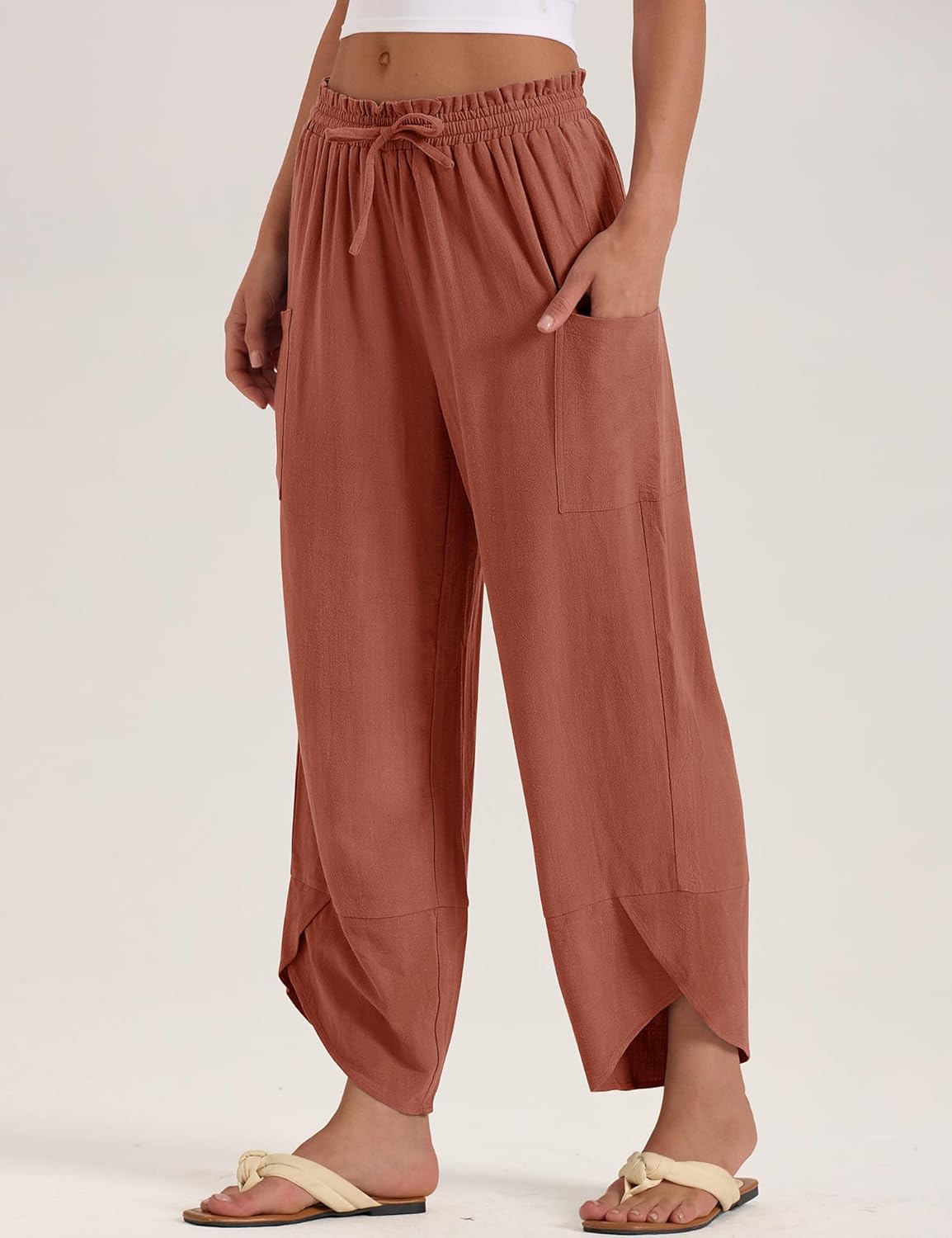 LOMON Women Linen Palazzo Pants Boho Wide Leg Elastic Waisted Casual Capri Pant Summer Harem Lounge with Pockets - Image 4